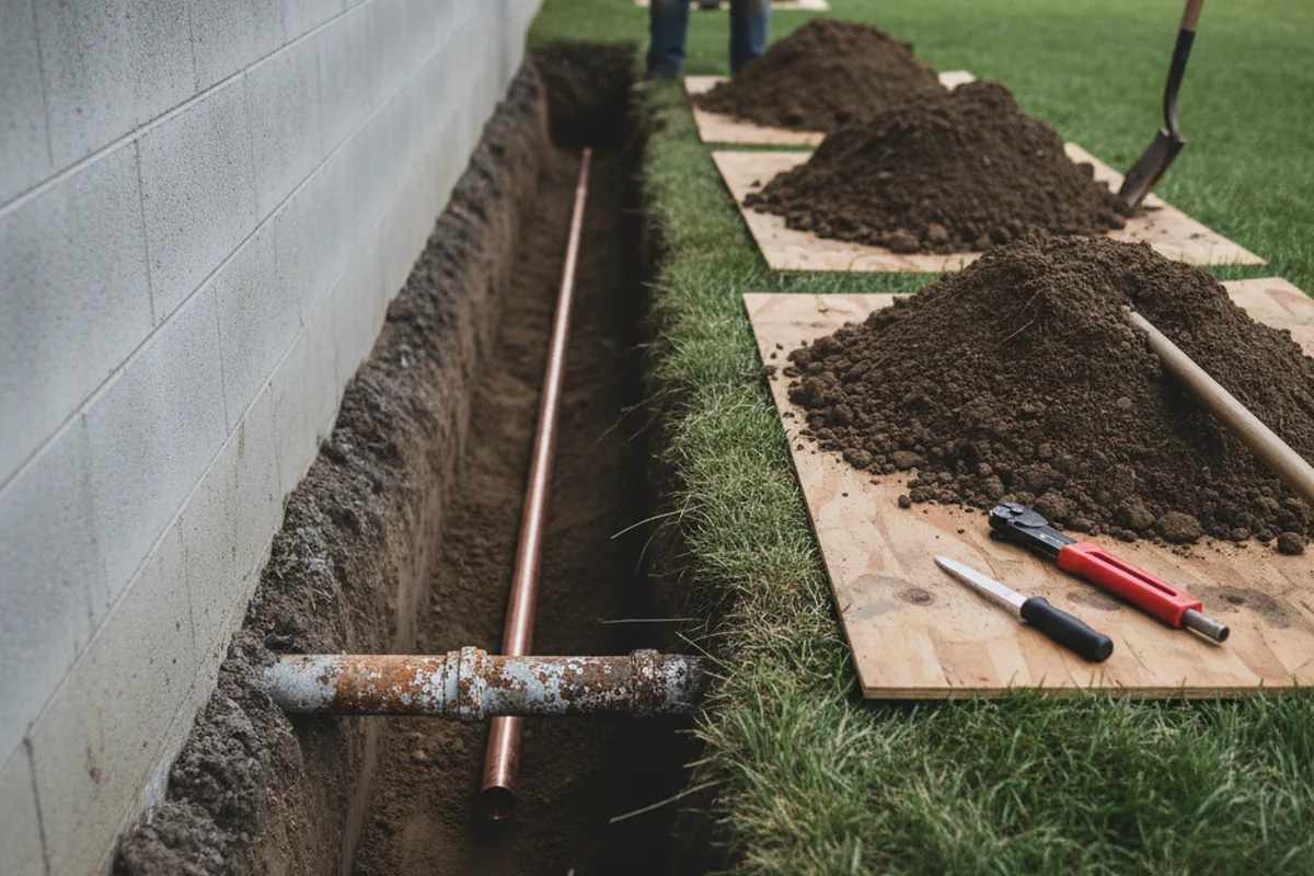 Excavated water line trench during Water Softener Installation in Grove